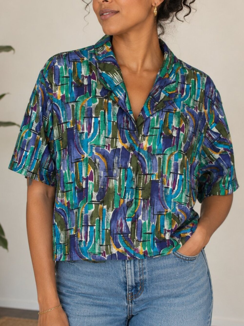 Vintage Petite Notations Abstract Print Button Front Blouse Petite Retro Top